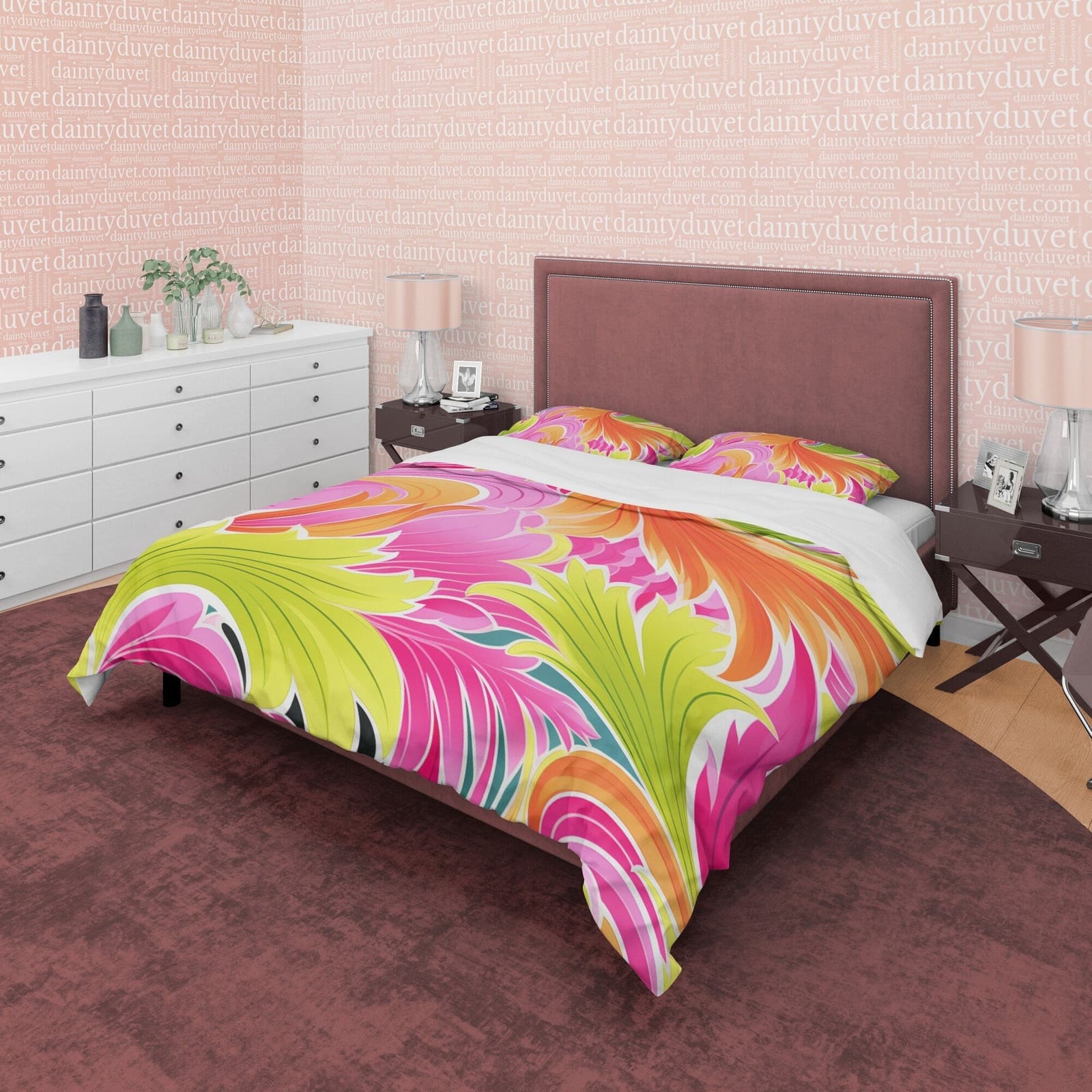 Bright Color Boho Bedding Colorful Duvet Cover Bohemian Bedroom Set, Vibrant Pink Blanket Cover Floral Quilt Cover, Aesthe…