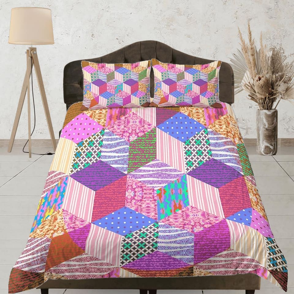 Bright pink patchwork quilt printed duvet cover set, aesthetic room decor bedding set full, king, queen size, boho bedspre…