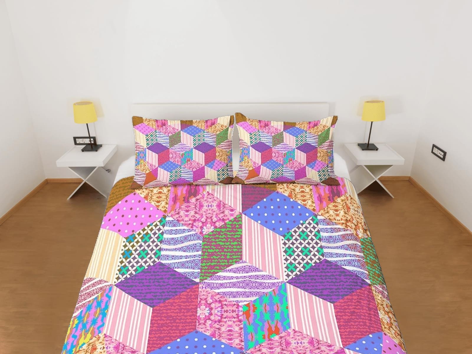 Bright pink patchwork quilt printed duvet cover set, aesthetic room decor bedding set full, king, queen size, boho bedspre…