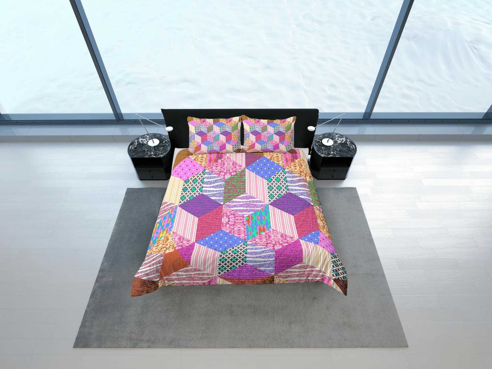 Bright pink patchwork quilt printed duvet cover set, aesthetic room decor bedding set full, king, queen size, boho bedspre…