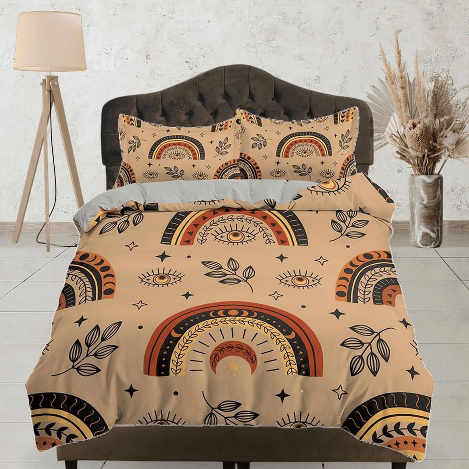 Brown Bedding with Boho Rainbow Design, Nordic Duvet Cover Set, Scandinavian Art Dorm Bedding, Aesthetic Duvet Cover King…