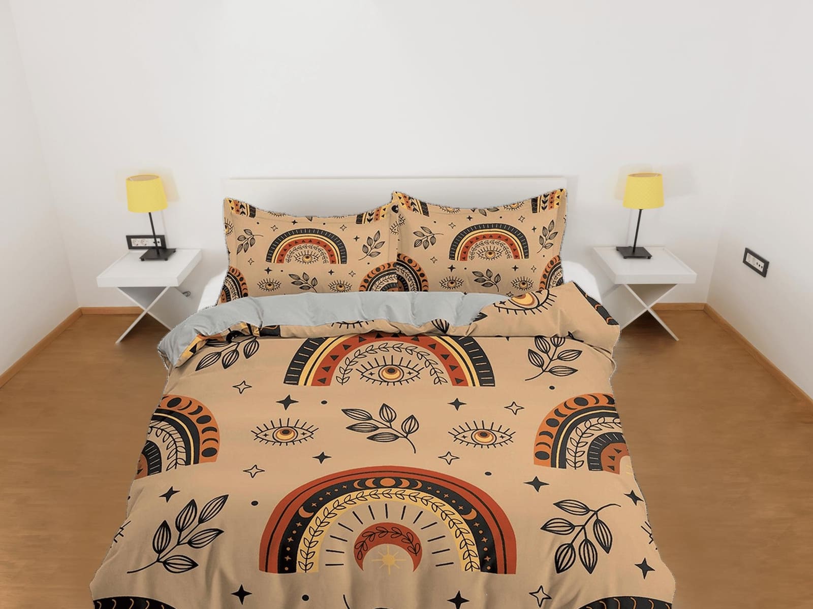 Brown Bedding with Boho Rainbow Design, Nordic Duvet Cover Set, Scandinavian Art Dorm Bedding, Aesthetic Duvet Cover King…
