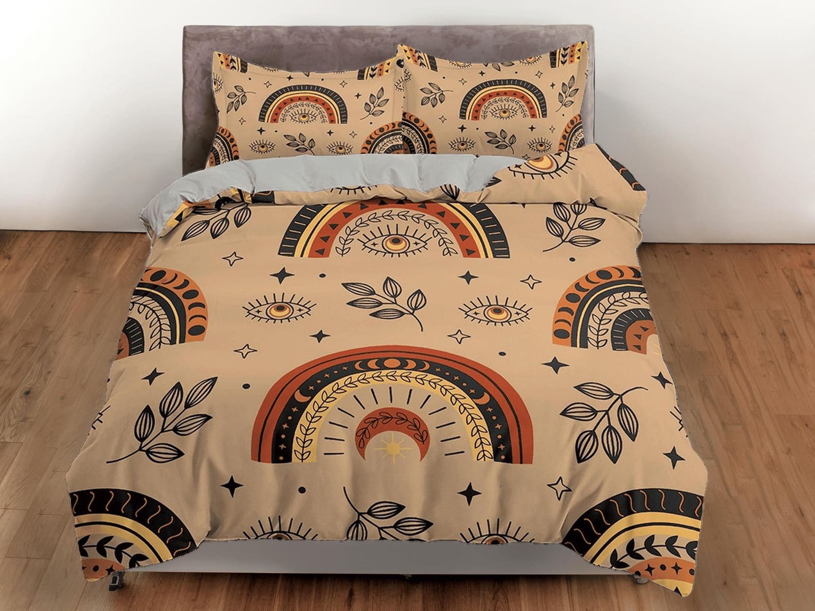 Brown Bedding with Boho Rainbow Design, Nordic Duvet Cover Set, Scandinavian Art Dorm Bedding, Aesthetic Duvet Cover King…
