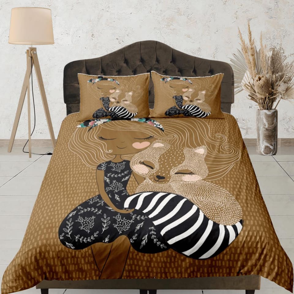 Brown Duvet Cover Set Cute Kids Bedspread, Squirrel Dorm Bedding with Pillowcase