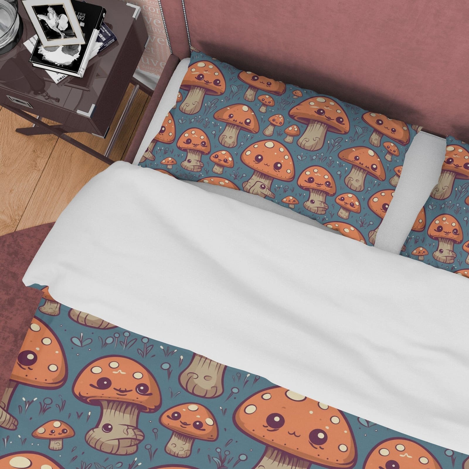 Brown Mushroom Retro Bedding Set, Rustic Duvet Cover, Vintage Plant Quilt Cover, Unique 70's Pattern Bedspread, Zipper Bed…