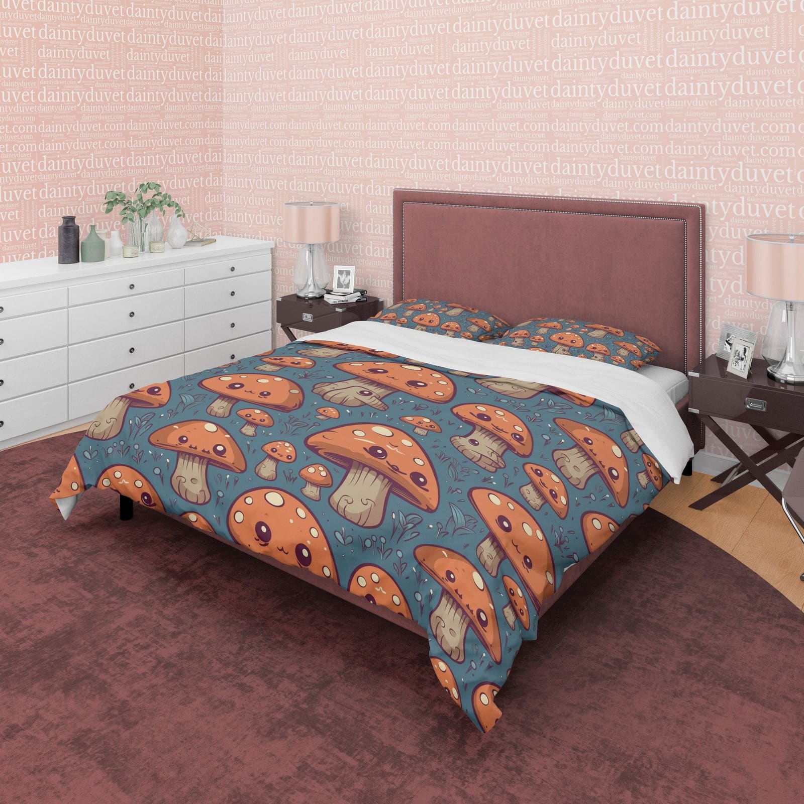Brown Mushroom Retro Bedding Set, Rustic Duvet Cover, Vintage Plant Quilt Cover, Unique 70's Pattern Bedspread, Zipper Bed…