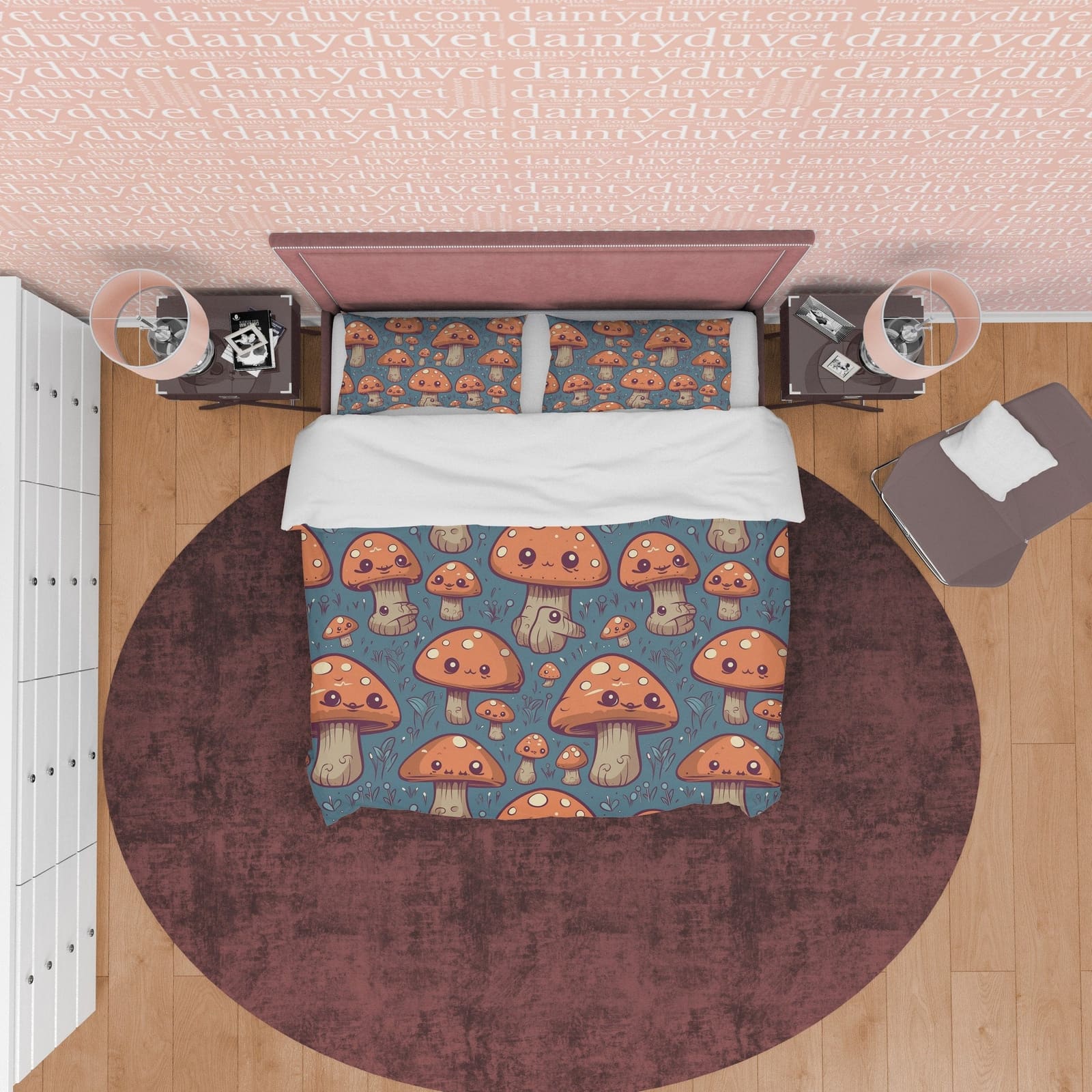 Brown Mushroom Retro Bedding Set, Rustic Duvet Cover, Vintage Plant Quilt Cover, Unique 70's Pattern Bedspread, Zipper Bed…