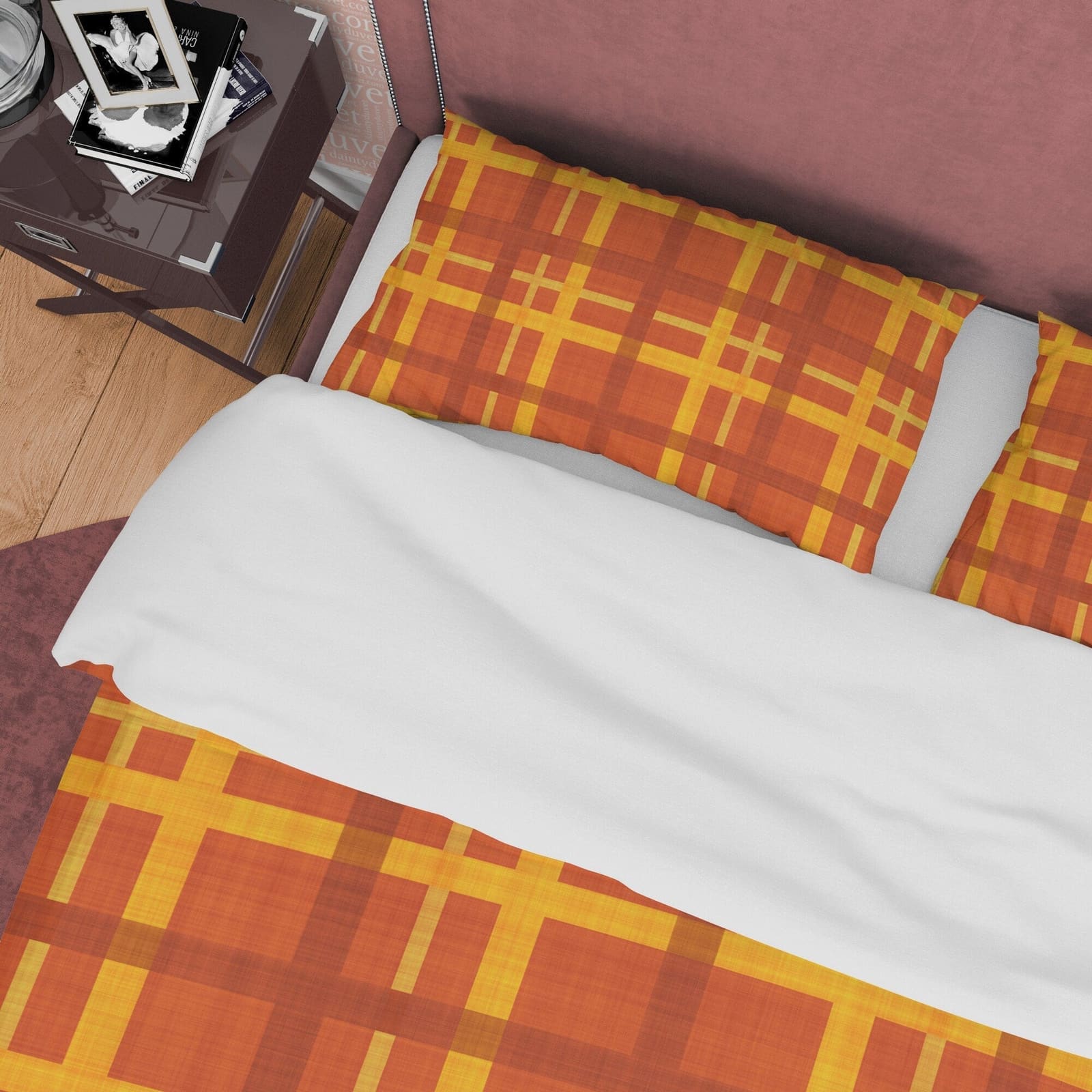 Brown Orange Geometric Plaid Bedding Checkered Duvet Cover, Modern Farmhouse Rustic Bedroom Set, Tartan Quilt Cover, Bedsp…