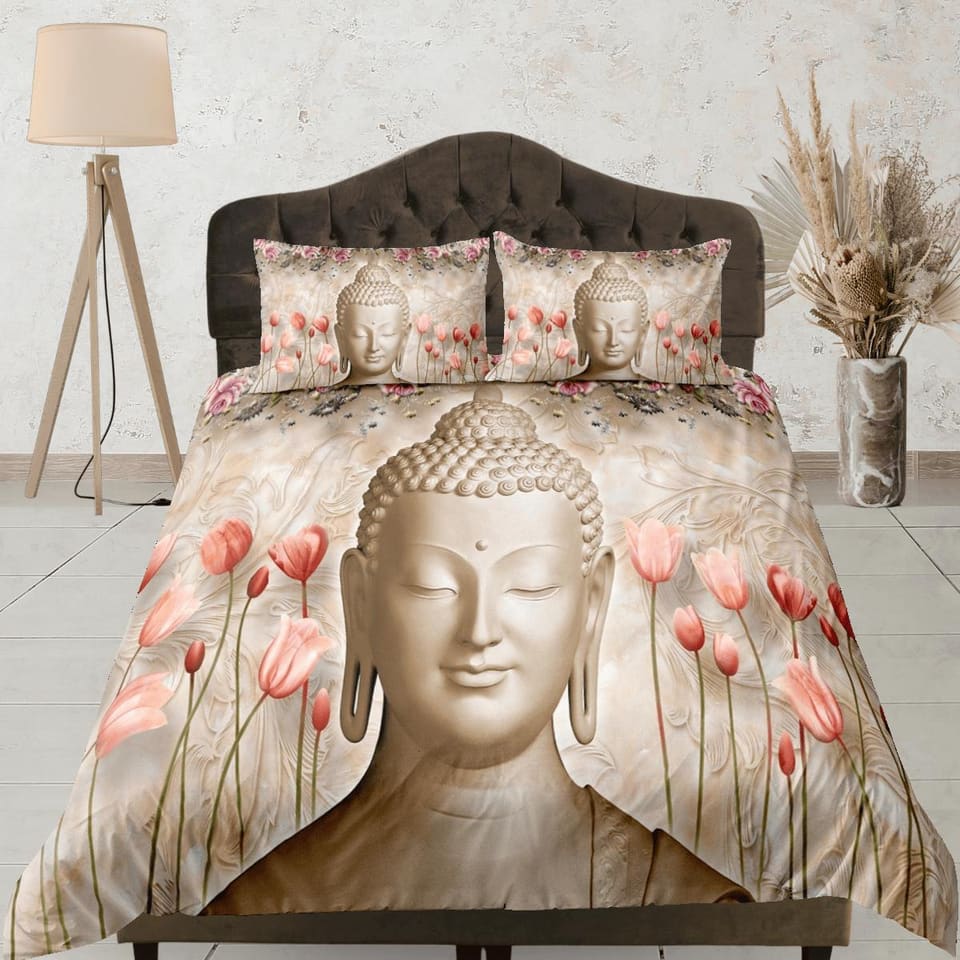 Buddhism floral bedding, buddha duvet cover queen, king, boho duvet, designer bedding, aesthetic bedding, maximalist full…