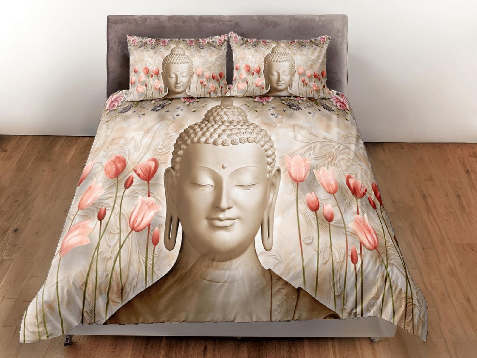 Buddhism floral bedding, buddha duvet cover queen, king, boho duvet, designer bedding, aesthetic bedding, maximalist full…