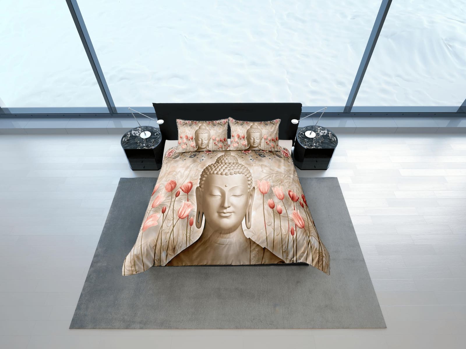 Buddhism floral bedding, buddha duvet cover queen, king, boho duvet, designer bedding, aesthetic bedding, maximalist full…