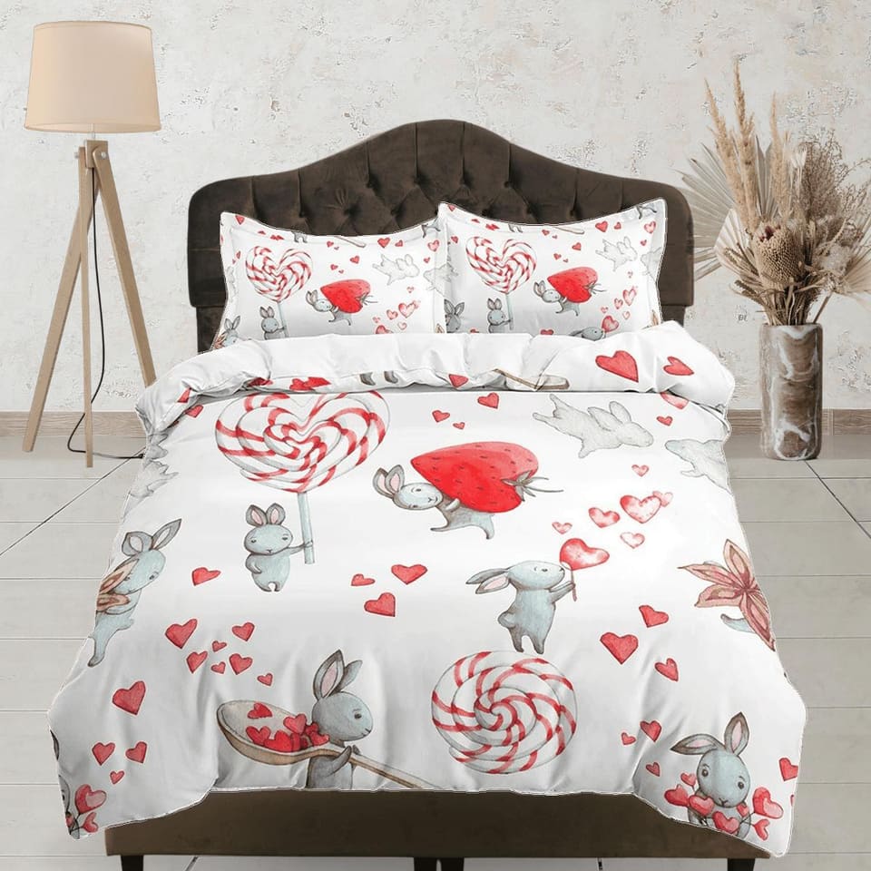 Bunny Holding Strawberry Candy Bedding, Duvet Cover Pillowcase, Zipper Bedding, Dorm Bedding, Teens Adult Duvet King Queen…