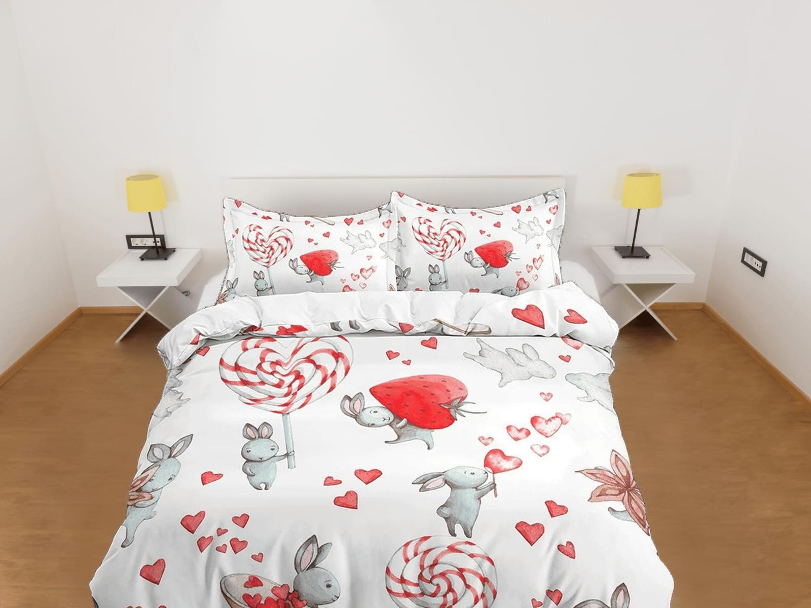 Bunny Holding Strawberry Candy Bedding, Duvet Cover Pillowcase, Zipper Bedding, Dorm Bedding, Teens Adult Duvet King Queen…