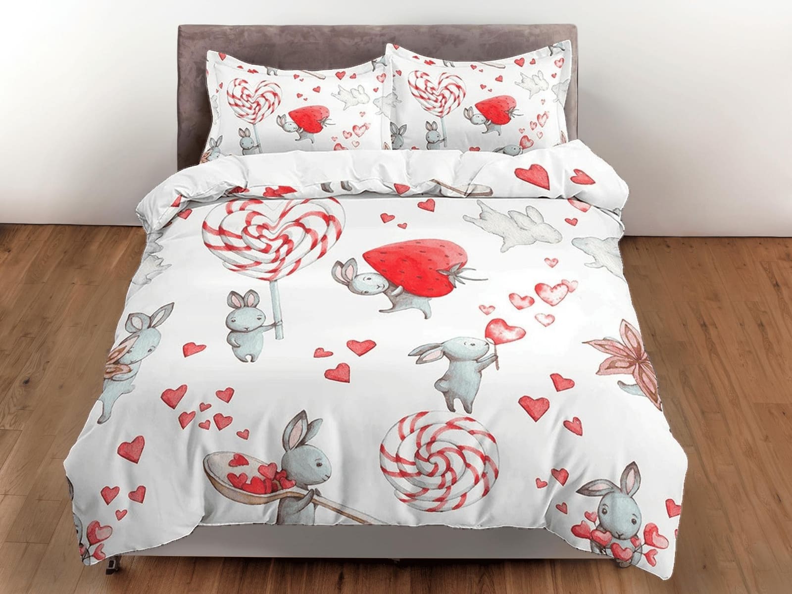 Bunny Holding Strawberry Candy Bedding, Duvet Cover Pillowcase, Zipper Bedding, Dorm Bedding, Teens Adult Duvet King Queen…
