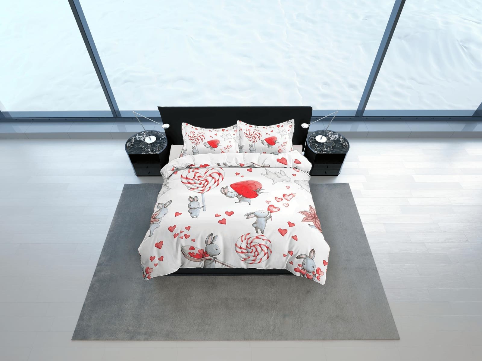 Bunny Holding Strawberry Candy Bedding, Duvet Cover Pillowcase, Zipper Bedding, Dorm Bedding, Teens Adult Duvet King Queen…