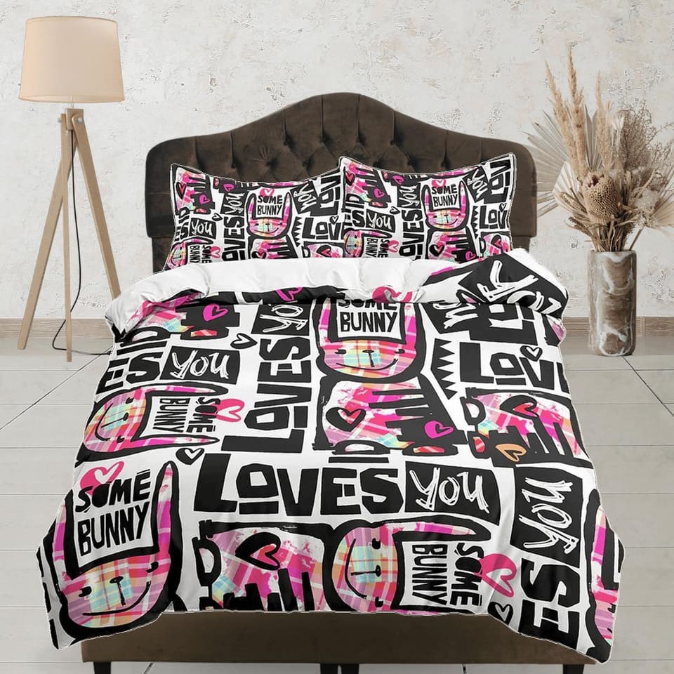 Bunny Loves You Pink Bedding, Duvet Cover Set & Pillowcase, Zipper Bedding, Dorm Bedding, Teens Adult Duvet King Queen Ful…