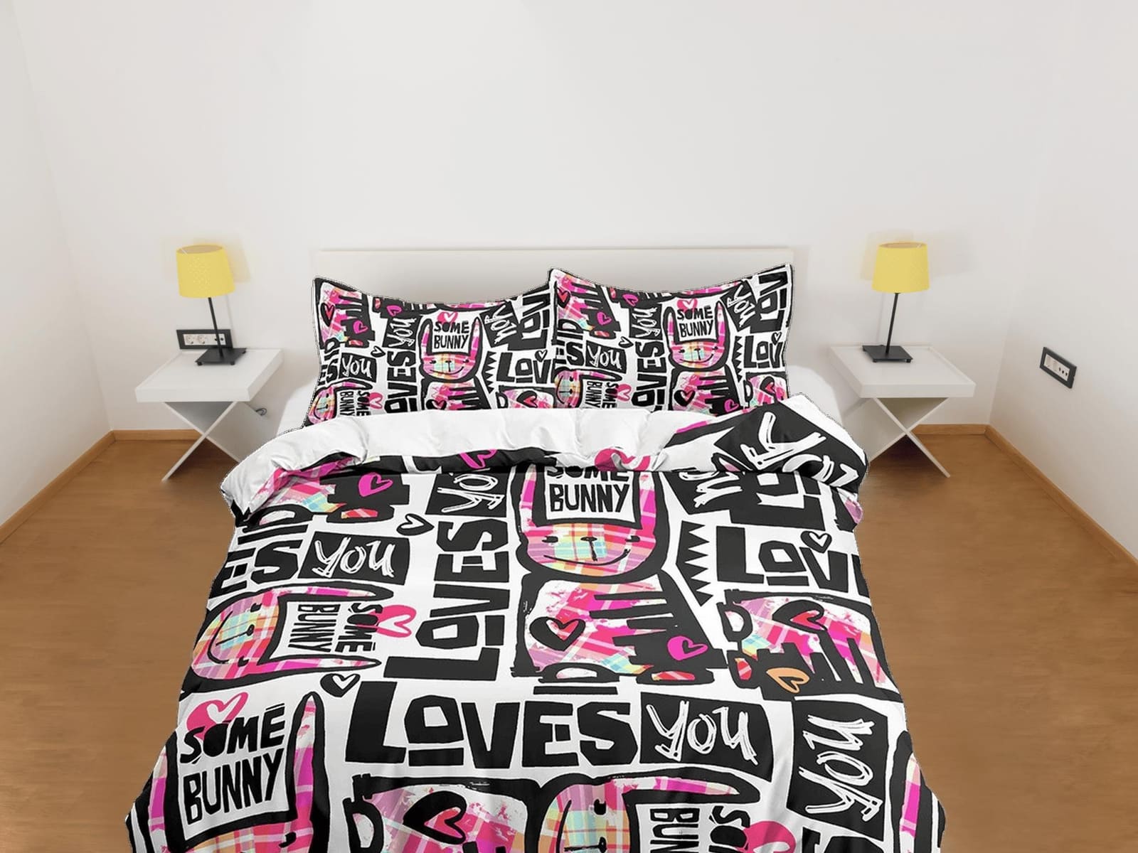 Bunny Loves You Pink Bedding, Duvet Cover Set & Pillowcase, Zipper Bedding, Dorm Bedding, Teens Adult Duvet King Queen Ful…