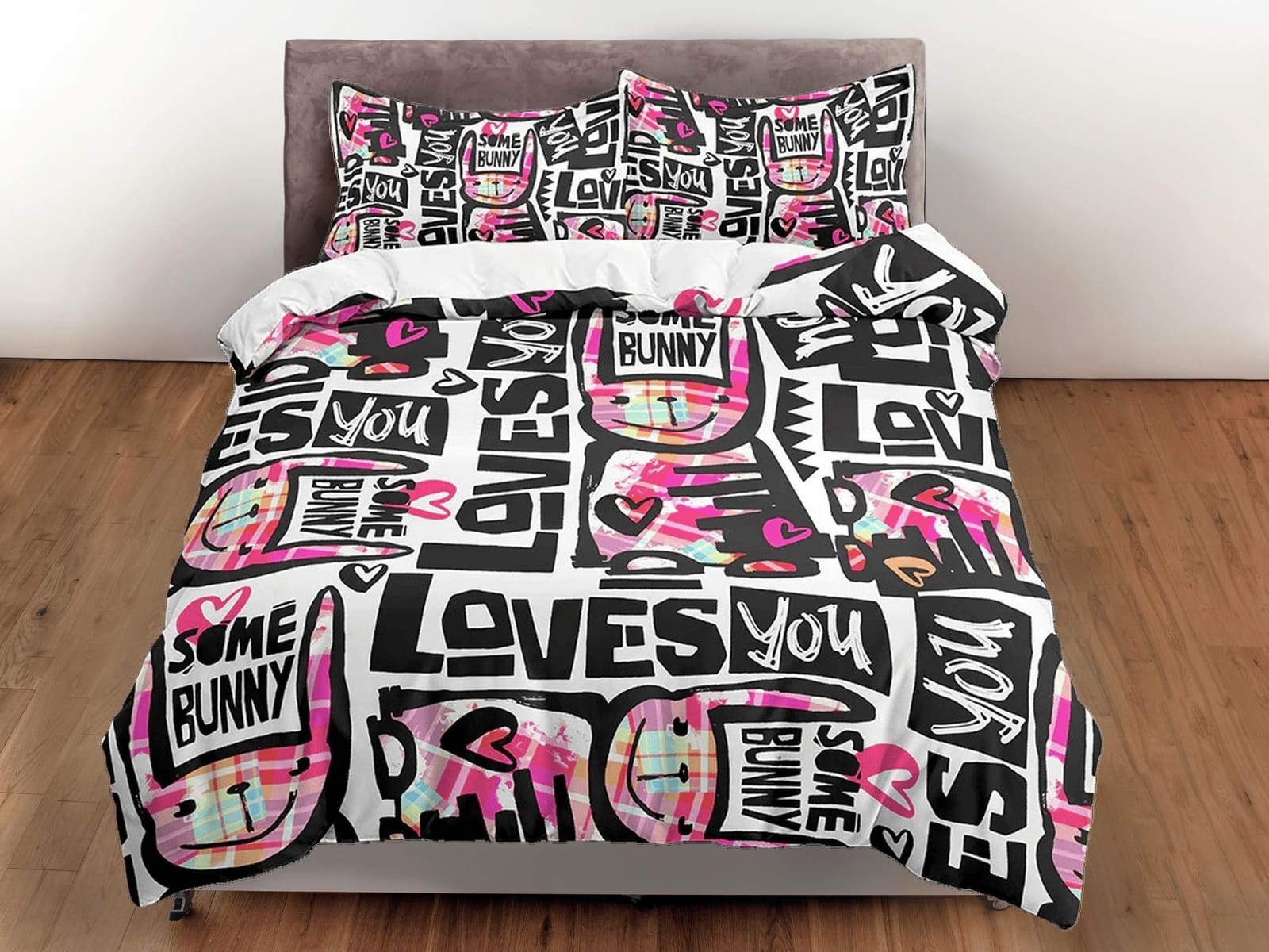Bunny Loves You Pink Bedding, Duvet Cover Set & Pillowcase, Zipper Bedding, Dorm Bedding, Teens Adult Duvet King Queen Ful…
