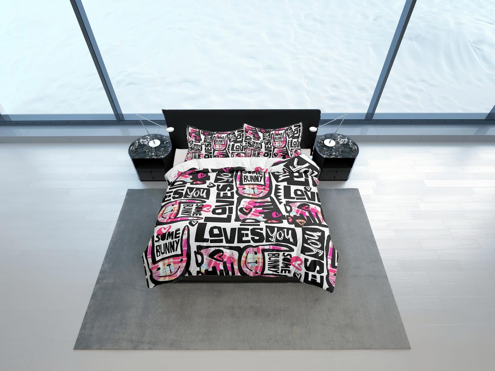Bunny Loves You Pink Bedding, Duvet Cover Set & Pillowcase, Zipper Bedding, Dorm Bedding, Teens Adult Duvet King Queen Ful…