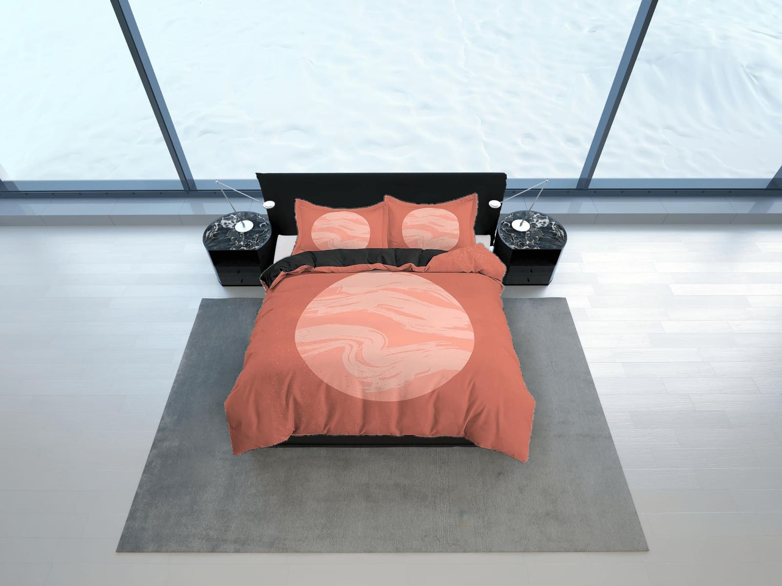 Burnt Orange Bedding with Moon Design Gradient Colors, Minimalist Duvet Cover Set, Dorm Bedding, Aesthetic Duvet King Quee…