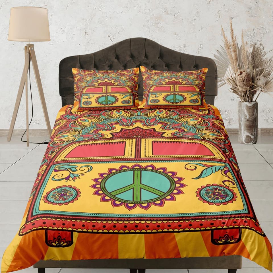Bus with peace sign 90s nostalgia hippie bedding orange retro duvet cover set, colorful bedding teens and adult duvet cove…