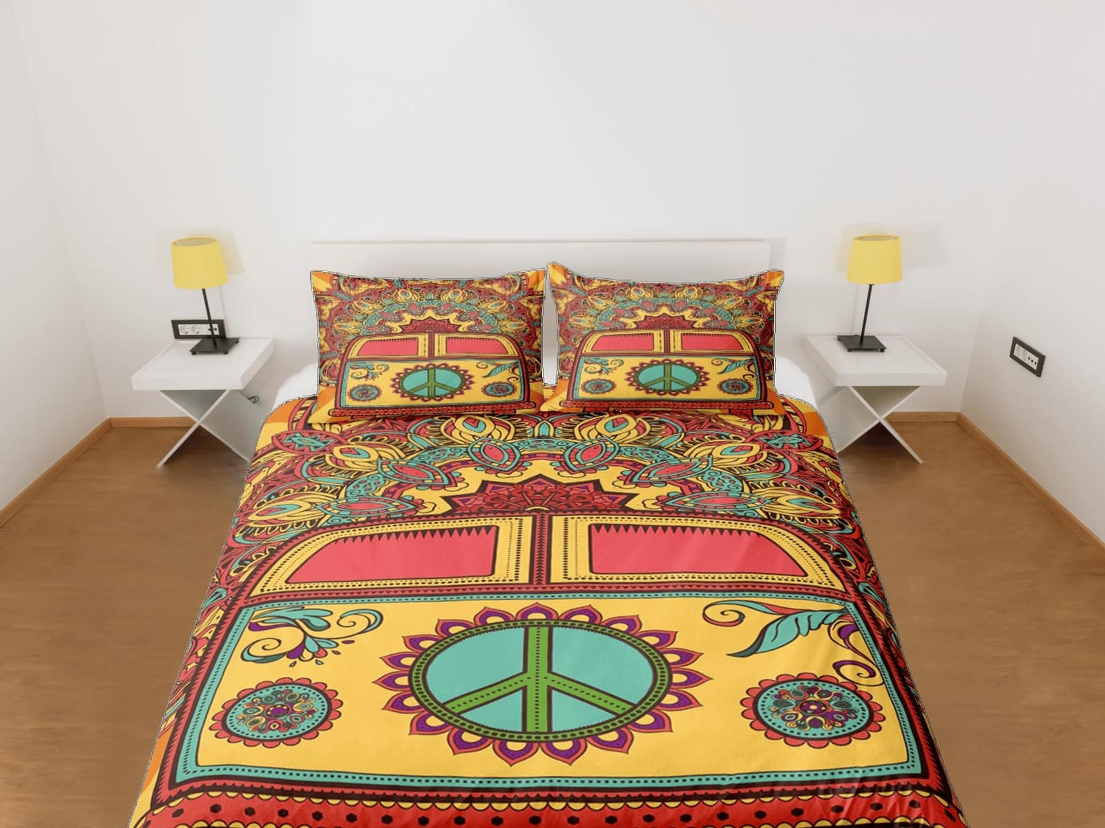 Bus with peace sign 90s nostalgia hippie bedding orange retro duvet cover set, colorful bedding teens and adult duvet cove…