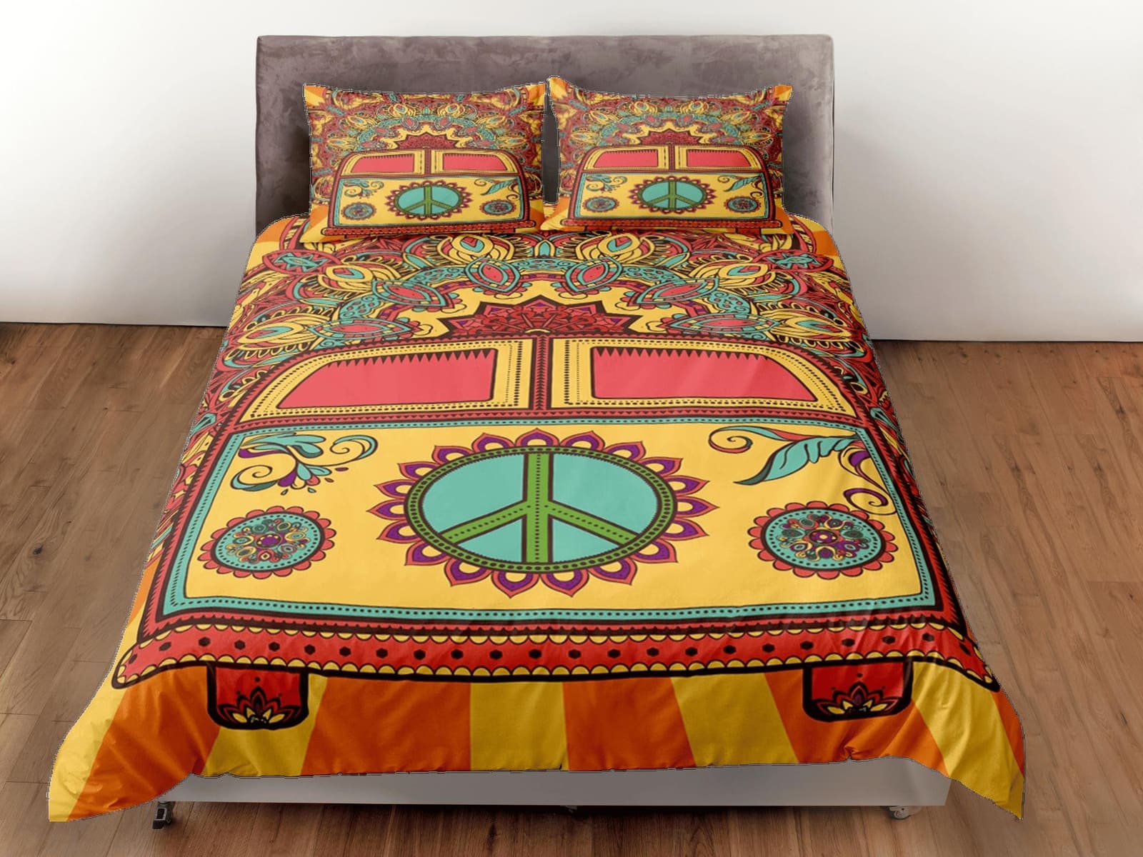 Bus with peace sign 90s nostalgia hippie bedding orange retro duvet cover set, colorful bedding teens and adult duvet cove…