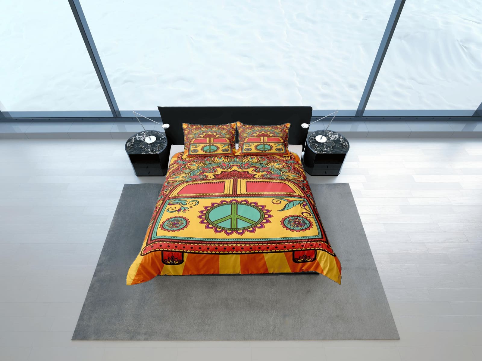 Bus with peace sign 90s nostalgia hippie bedding orange retro duvet cover set, colorful bedding teens and adult duvet cove…
