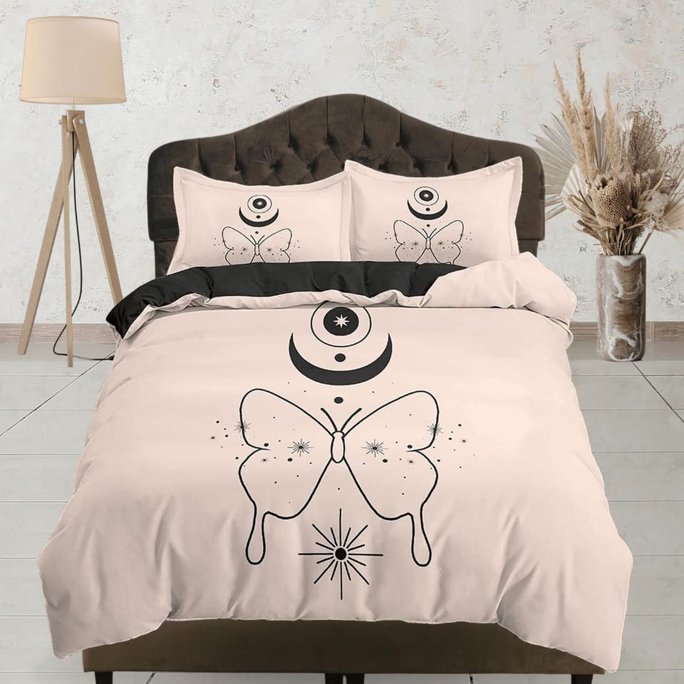 Butterfly Boho Beige Bedding Minimalist, Zodiac Gift Celestial Dorm Bedding, Astrology Duvet Cover Set, Aesthetic Duvet Ki…