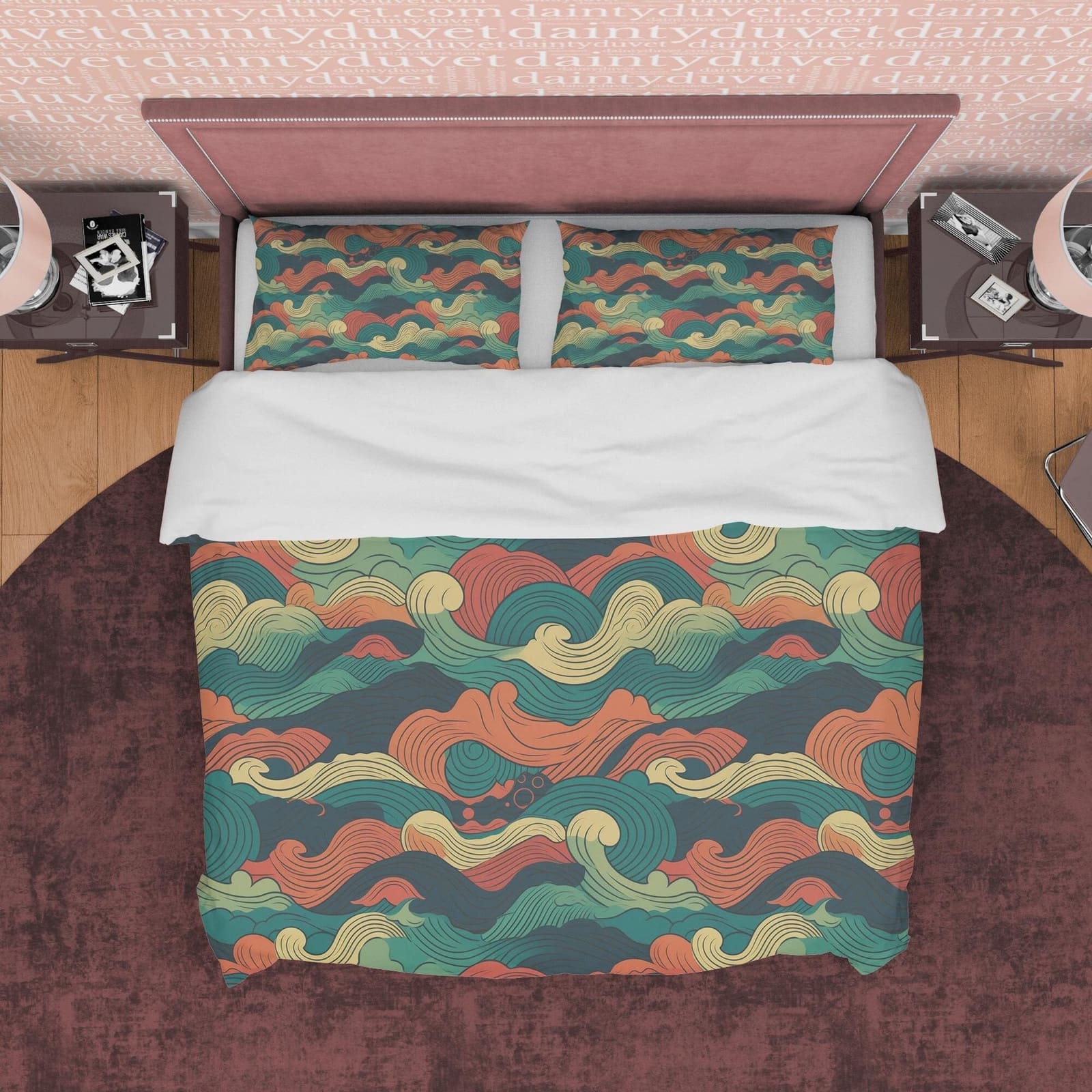Camouflage Retro Bedding Set, Wavy Cotton Duvet Cover, Abstract  Quilt Cover, Colorful Bedspread, 70s Nostalgia Bed Cover,…