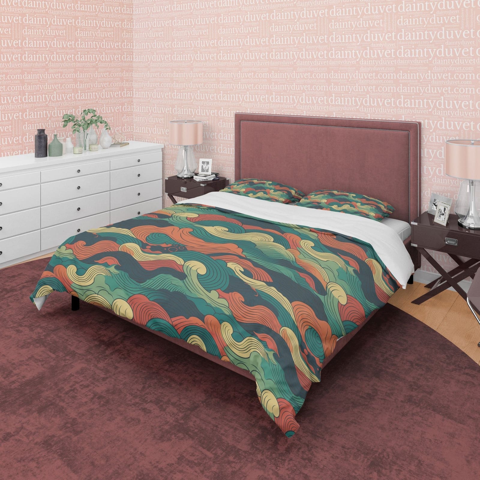 Camouflage Retro Bedding Set, Wavy Cotton Duvet Cover, Abstract  Quilt Cover, Colorful Bedspread, 70s Nostalgia Bed Cover,…