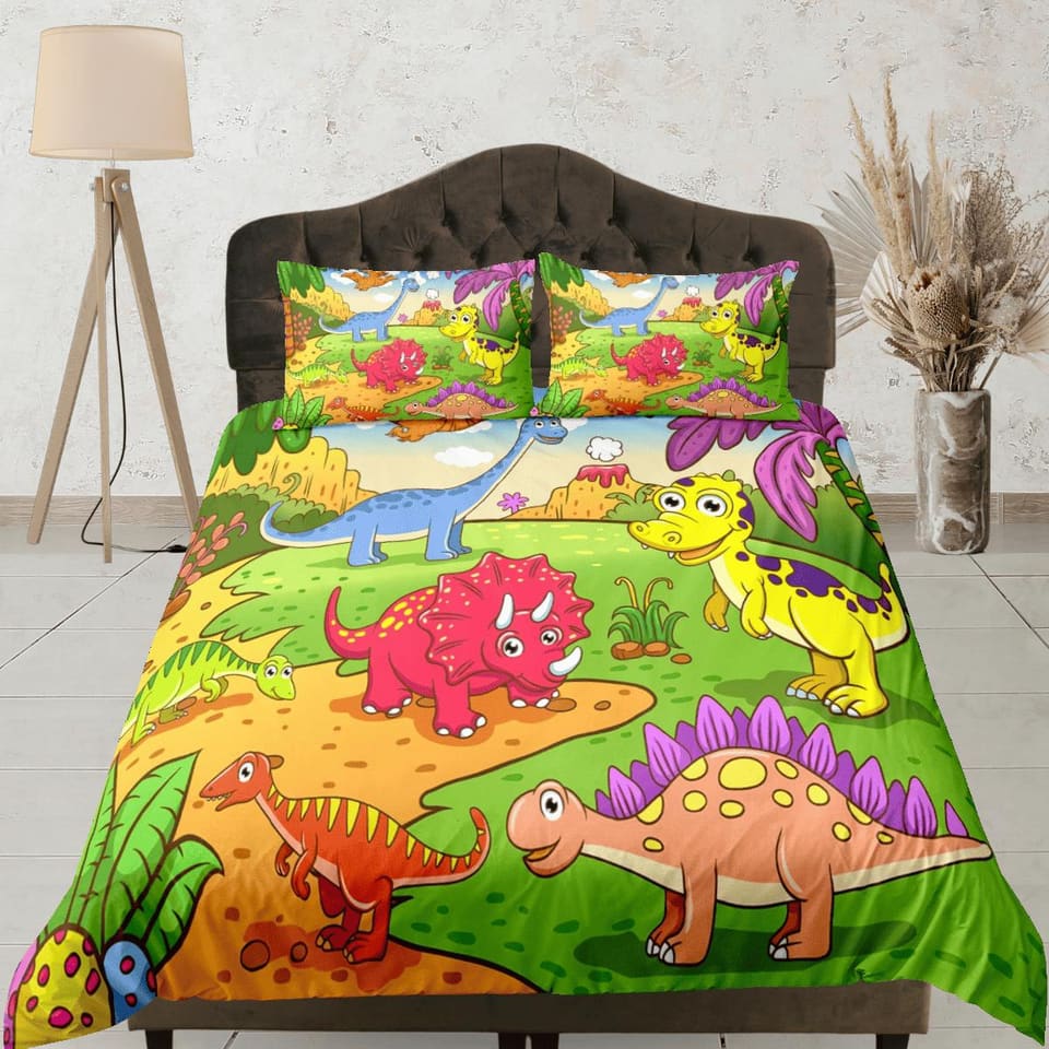 Cartoon dinosaur bedding, kids bedding full, cute duvet cover set, dinosaur nursery bed decor, colorful bedding, baby dino…