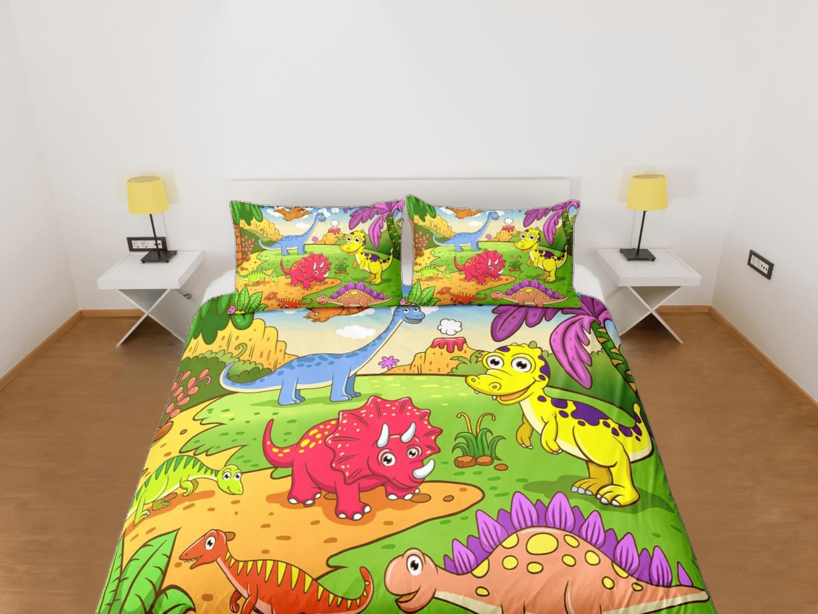 Cartoon dinosaur bedding, kids bedding full, cute duvet cover set, dinosaur nursery bed decor, colorful bedding, baby dino…