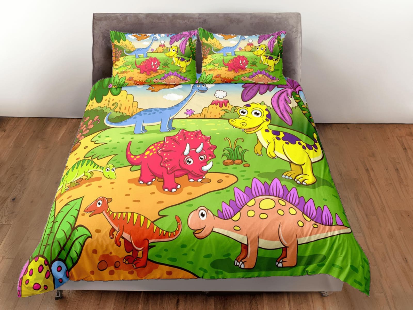 Cartoon dinosaur bedding, kids bedding full, cute duvet cover set, dinosaur nursery bed decor, colorful bedding, baby dino…