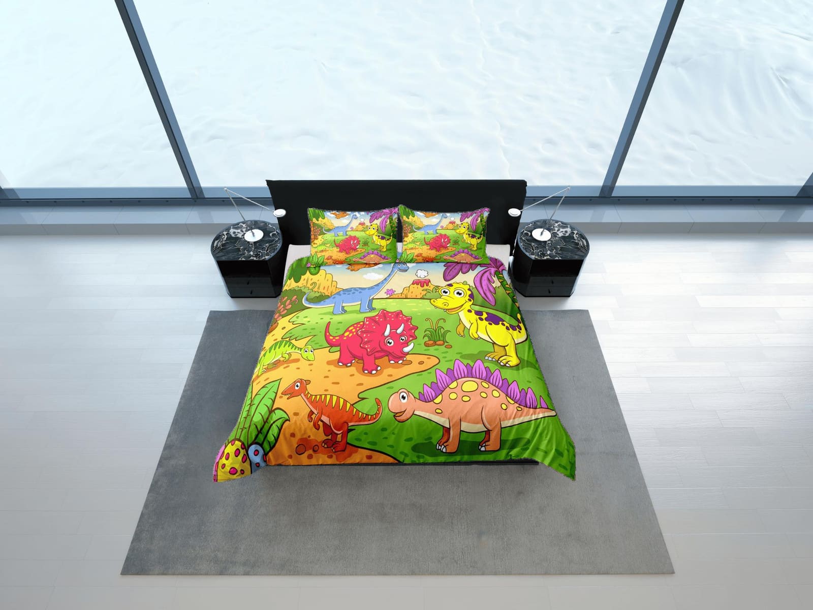 Cartoon dinosaur bedding, kids bedding full, cute duvet cover set, dinosaur nursery bed decor, colorful bedding, baby dino…