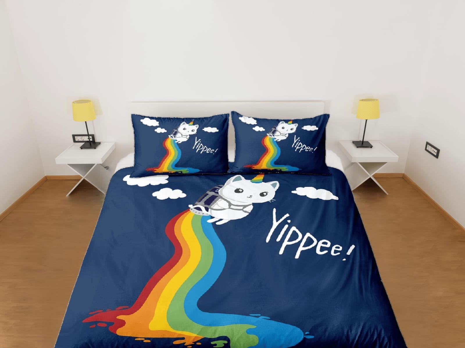 Cat Lover Duvet Cover Bedspread, Cute Cat in Rainbow Bedding for Teens Kids Bedroom