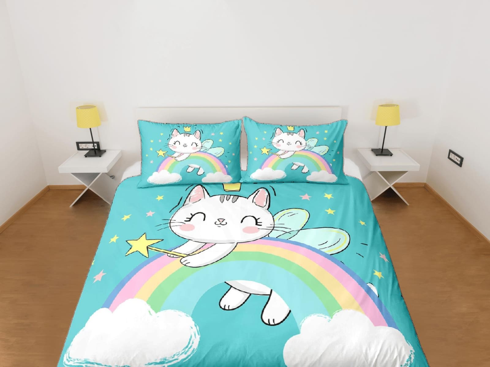Cat Lover Duvet Cover Bedspread Cute Cat in Rainbow Bedding for Teens Kids Bedroom Comforter Cover