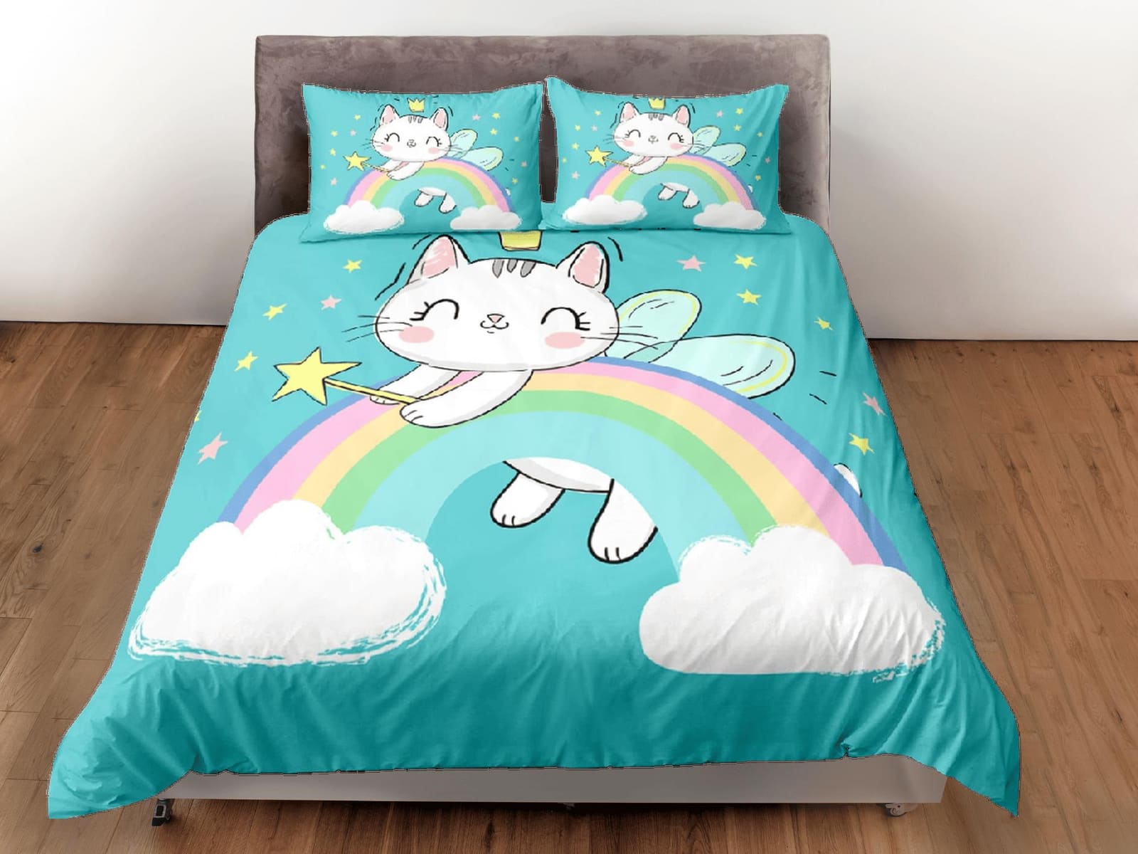Cat Lover Duvet Cover Bedspread Cute Cat in Rainbow Bedding for Teens Kids Bedroom Comforter Cover