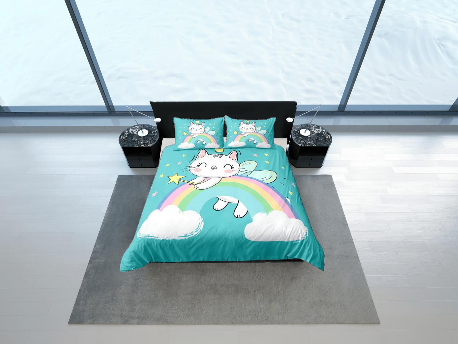 Cat Lover Duvet Cover Bedspread Cute Cat in Rainbow Bedding for Teens Kids Bedroom Comforter Cover