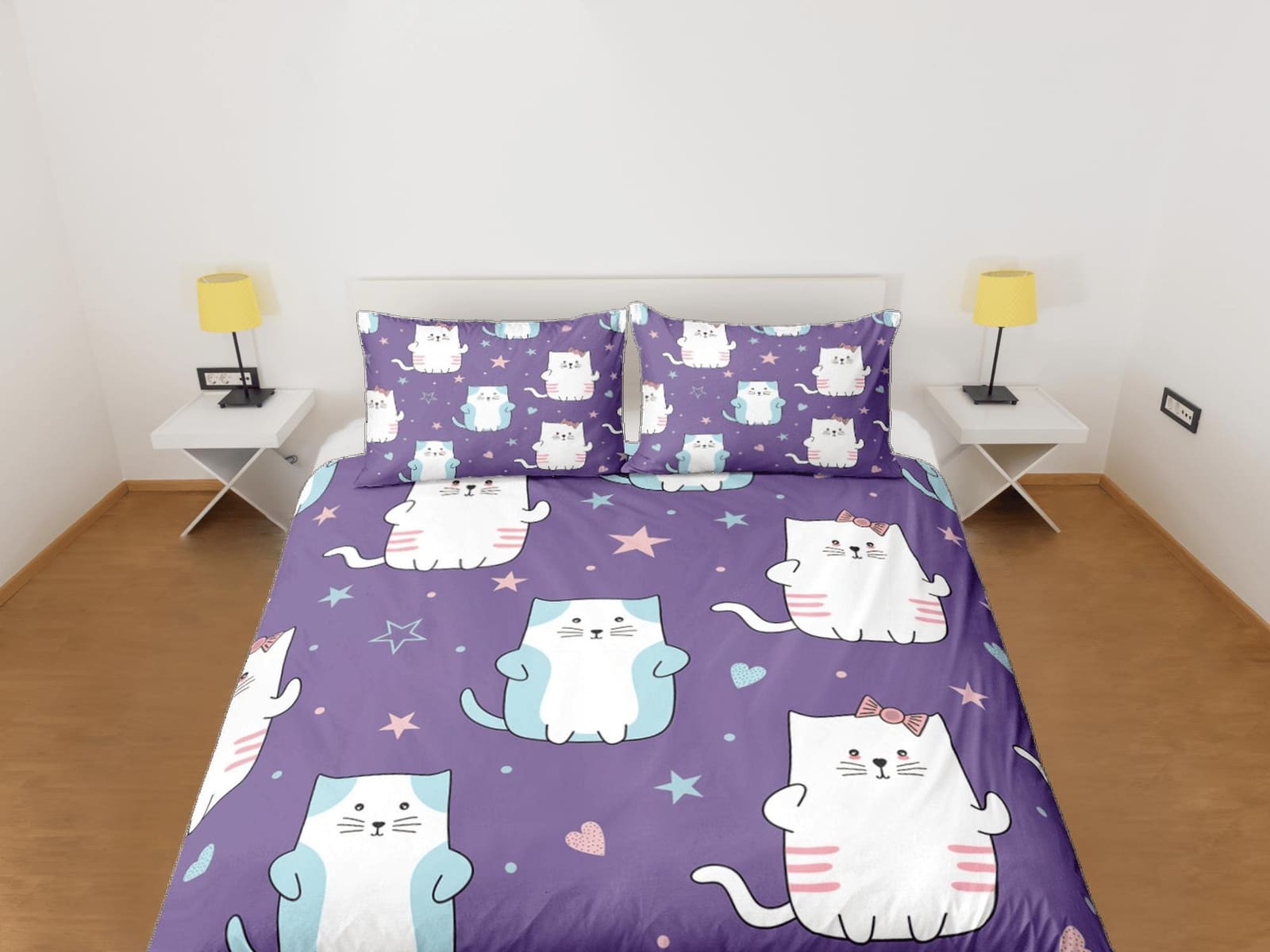 Cat Lover Duvet Cover Bedspread, Cute Cats Purple Bedding for Teens Kids Bedroom