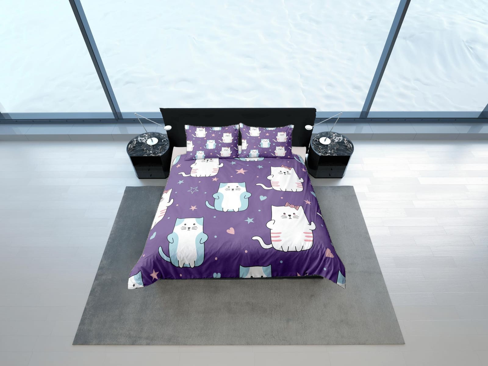 Cat Lover Duvet Cover Bedspread, Cute Cats Purple Bedding for Teens Kids Bedroom