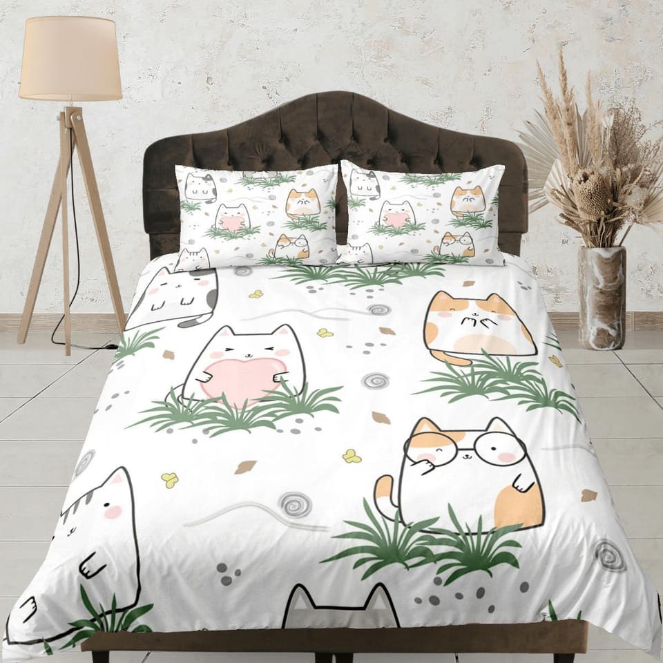 Cat Lover Duvet Cover Set Bedspread, Cute Bedding for Teens Kids Bedroom Comforter Cover Cat Cartoons