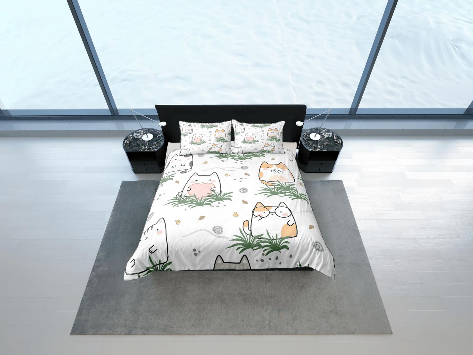 Cat Lover Duvet Cover Set Bedspread, Cute Bedding for Teens Kids Bedroom Comforter Cover Cat Cartoons