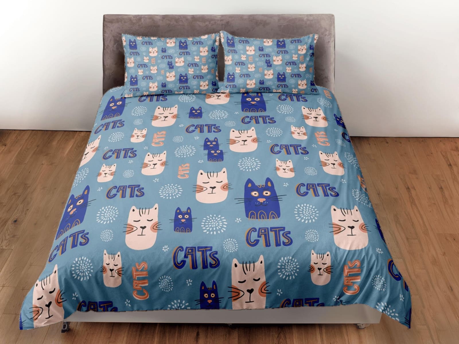 Cat Lover Duvet Cover Set Bedspread, Cute Cats Blue Bedding for Teens Kids Bedroom