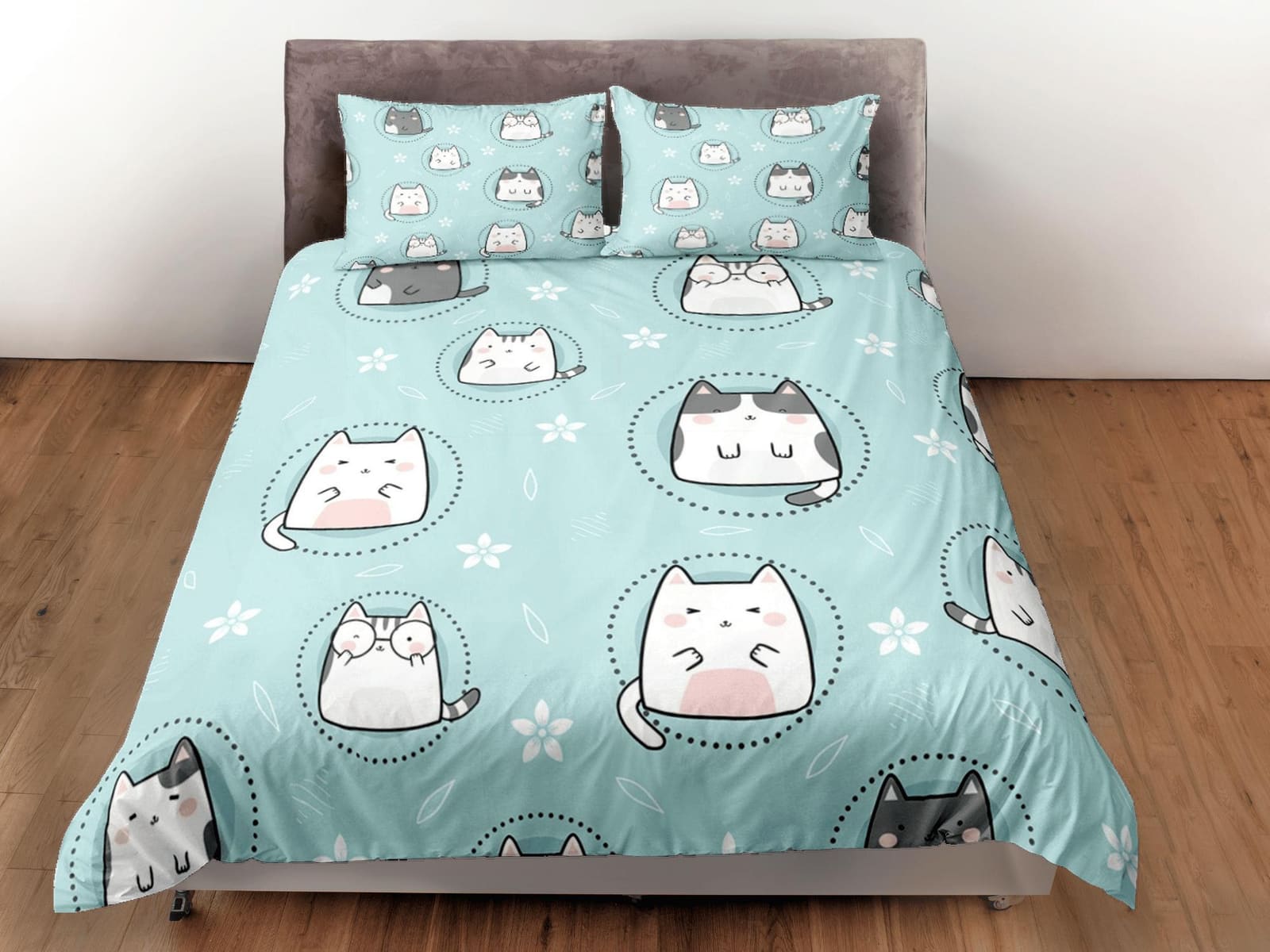 Cat Lover Duvet Cover Set Bedspread, Cute Cats Green Bedding for Teens Kids Bedroom