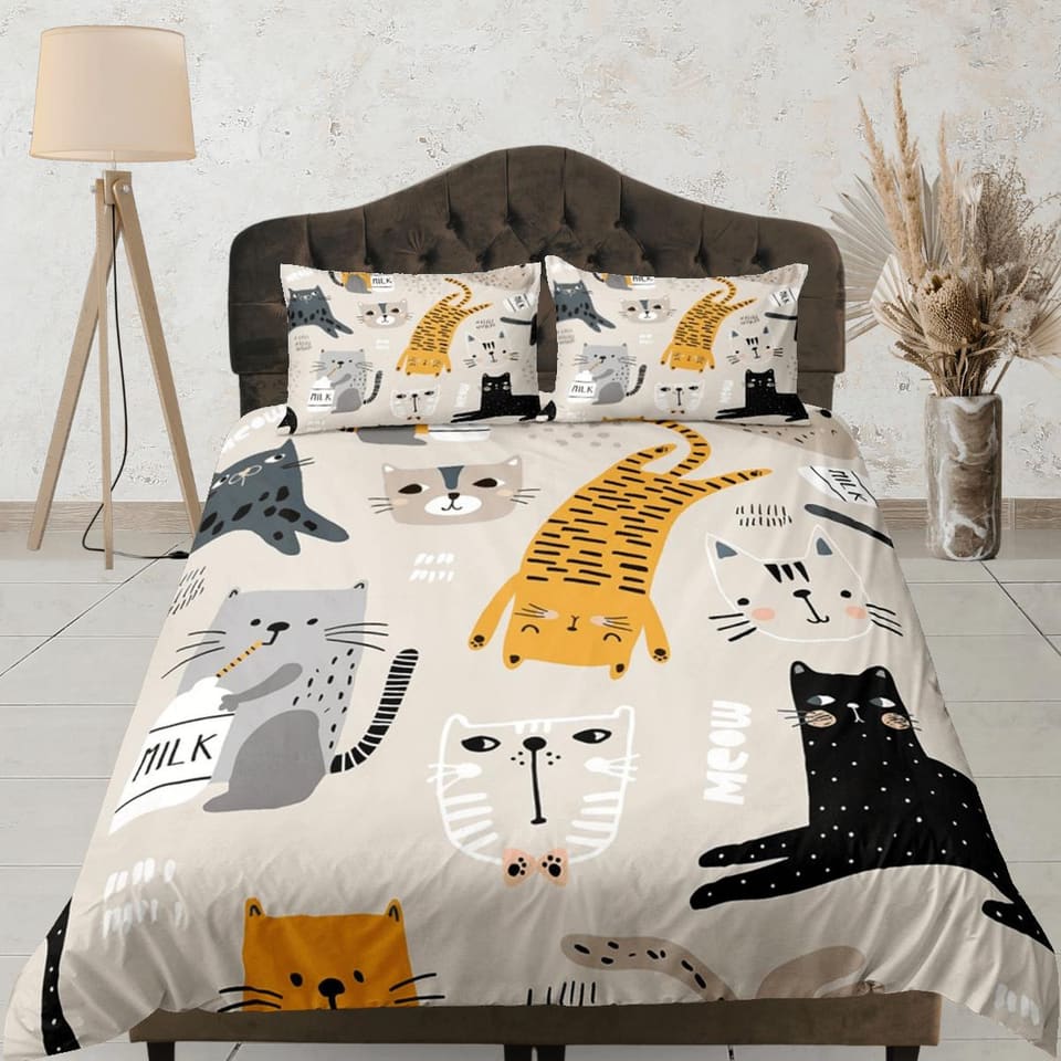 Cat Lovers Beige Bedding, Toddler Bedding, Kids Duvet Cover Set, Baby Zipper Bedding, Baby Shower Doona Cover up to Califo…