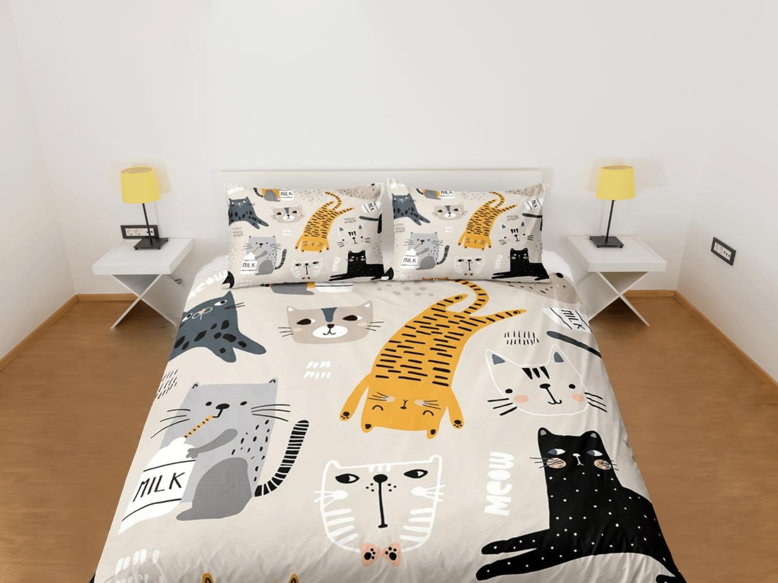 Cat Lovers Beige Bedding, Toddler Bedding, Kids Duvet Cover Set, Baby Zipper Bedding, Baby Shower Doona Cover up to Califo…