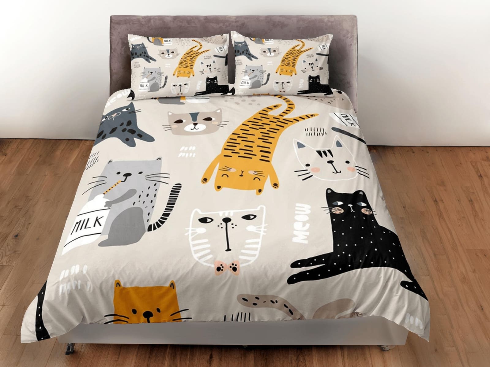 Cat Lovers Beige Bedding, Toddler Bedding, Kids Duvet Cover Set, Baby Zipper Bedding, Baby Shower Doona Cover up to Califo…