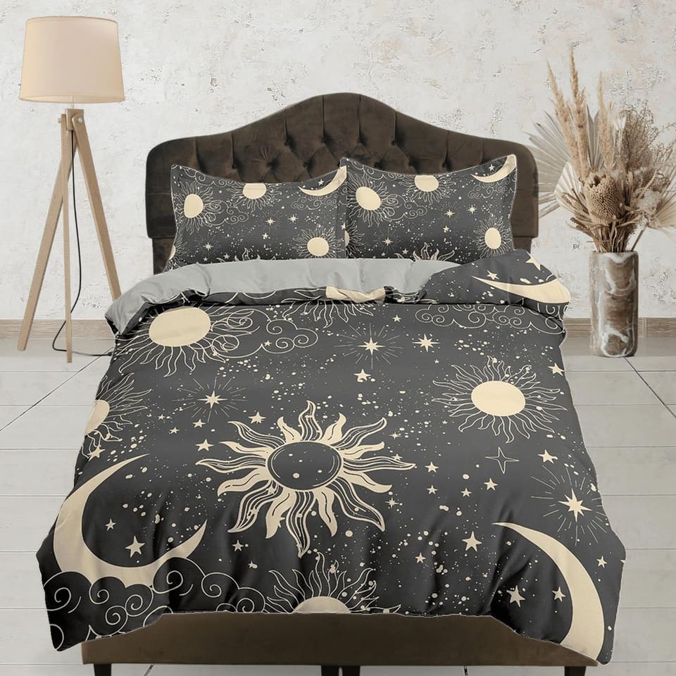 Celestial bedding black grey, witchy decor dorm bedding, aesthetic duvet, boho bedding set full king queen, astrology gift…