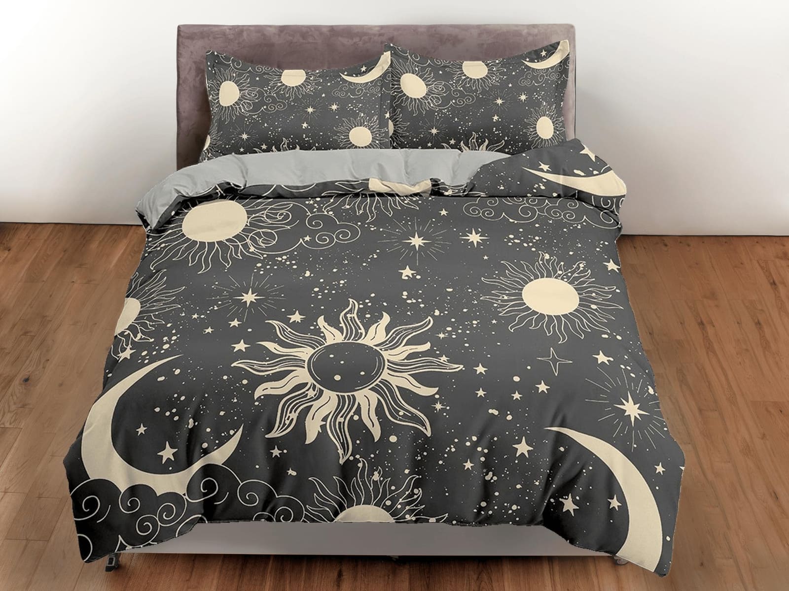 Celestial bedding black grey, witchy decor dorm bedding, aesthetic duvet, boho bedding set full king queen, astrology gift…
